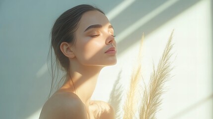 Naklejka premium Tranquil young caucasian woman relaxing in sunlit room with dried pampas grass