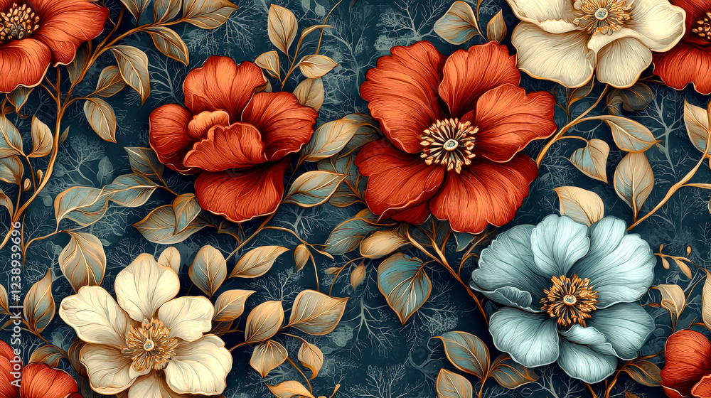 Poster a vibrant arrangement of red, white, and blue flowers intertwines with leaves against a dark backdro