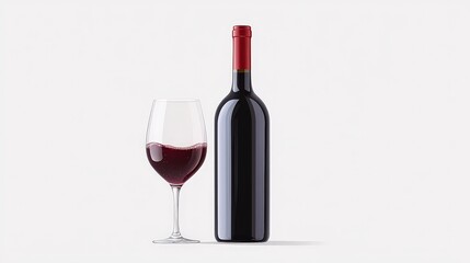 Elegant Red Wine Bottle and Glass on Simple Background for Culinary or Beverage Use
