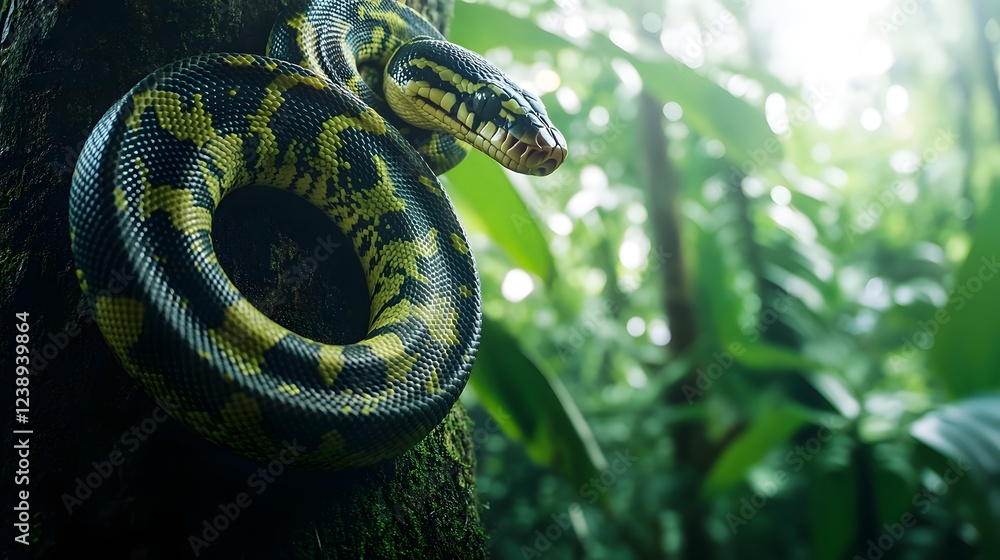 Poster python coiled around tree trunk in lush rainforest canopy with filtered light