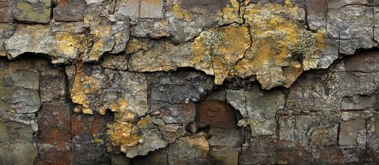 Fototapeta premium Aged weathered brick wall with cracked plaster textures and moss growth horizontal background with copy space