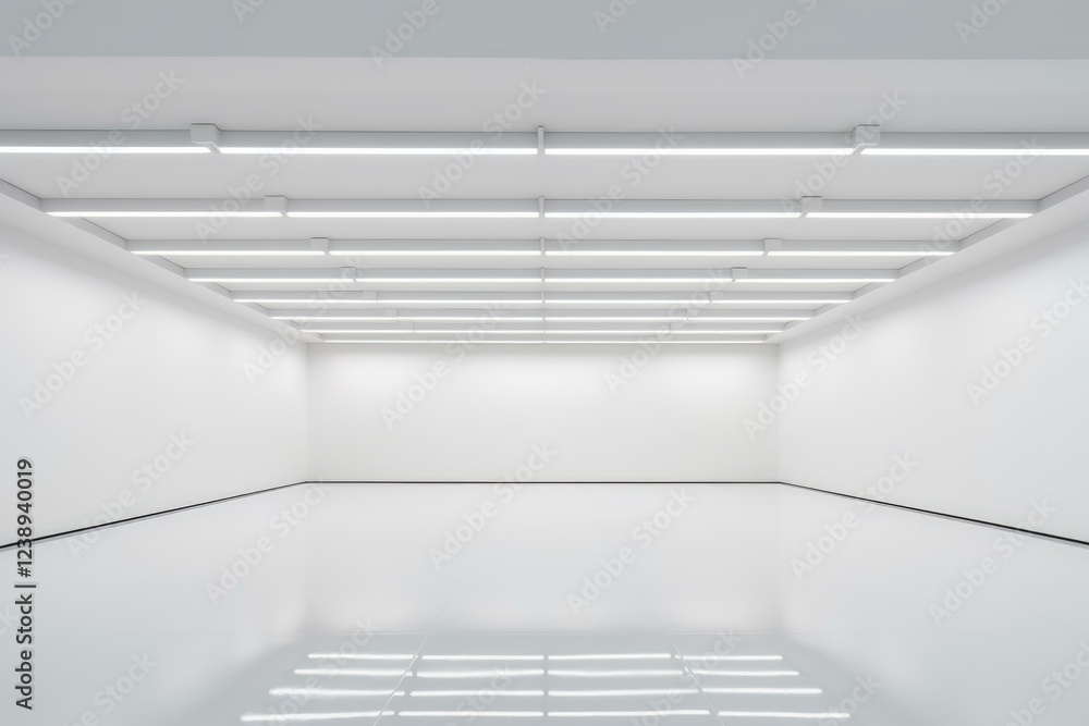 Poster bright ceiling lights illuminate an empty white room with a shiny floor, creating a modern and minim