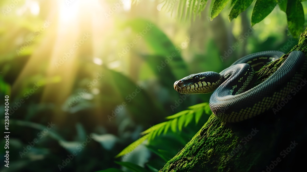 Poster python coils around moss-covered tree trunk in lush rainforest canopy
