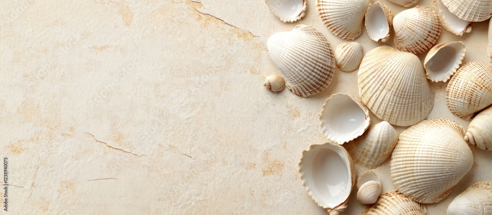 Poster white seashells arranged on a textured light background with ample copy space for text placement
