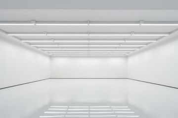 Bright ceiling lights illuminate an empty white room with a shiny floor, creating a modern and minimalist atmosphere