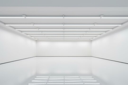 Bright ceiling lights illuminate an empty white room with a shiny floor, creating a modern and minimalist atmosphere
