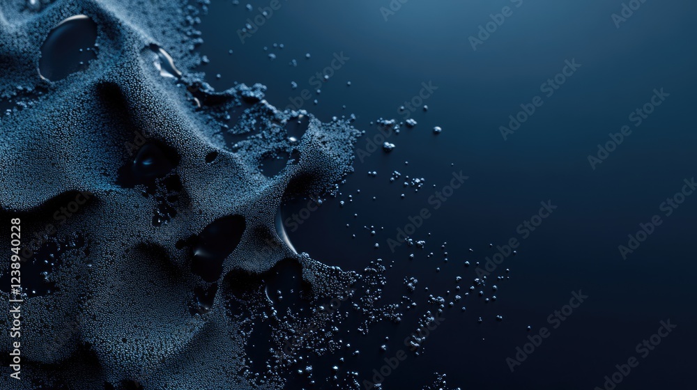 Poster abstract close-up of dark fluid texture with bubbles and droplets on a smooth background suitable fo