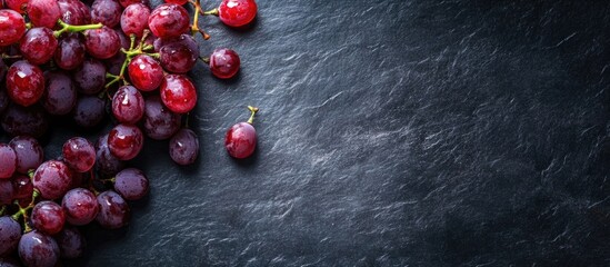 Fresh red grapes on a dark slate surface with ample copy space for text placement.