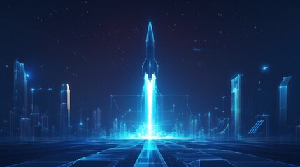 Futuristic rocket launching from digital city at night.