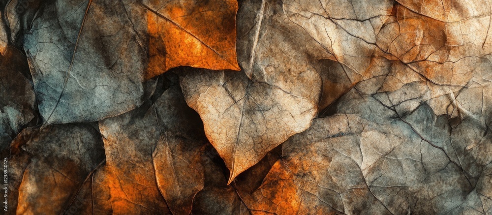 Poster close-up of textured dry leaves with warm autumn colors and intricate patterns on a flat surface cop