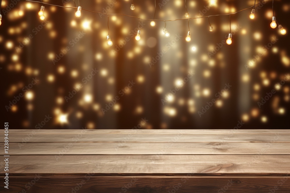 Poster wooden table with festive golden bokeh lights creating a warm and inviting atmosphere