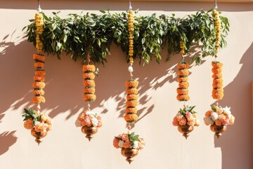 Colorful Ugadi Toran Adorned With Marigold Flowers and Neem Leaves Against a Pastel Wall