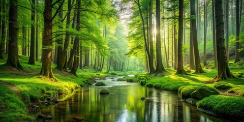 Obraz premium lush green forest landscape with tall trees and winding streams, peaceful surroundings, serenity, outdoors