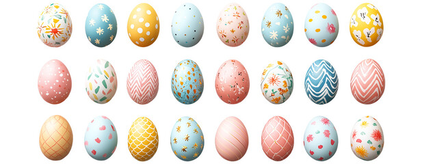 Set of decorative Easter eggs with floral and geometric patterns isolated on transparent background