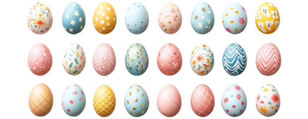 Set of decorative Easter eggs with floral and geometric patterns isolated on transparent background