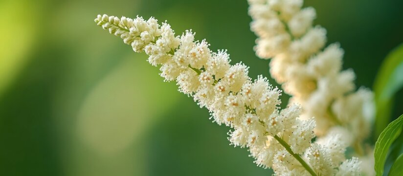 Close-up of white fluffy astilbe flowers with soft green background and bokeh effect