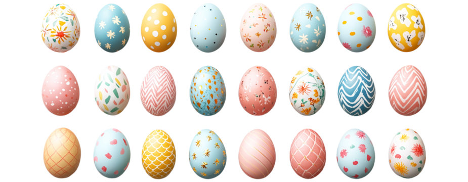 Set of decorative Easter eggs with floral and geometric patterns isolated on transparent background