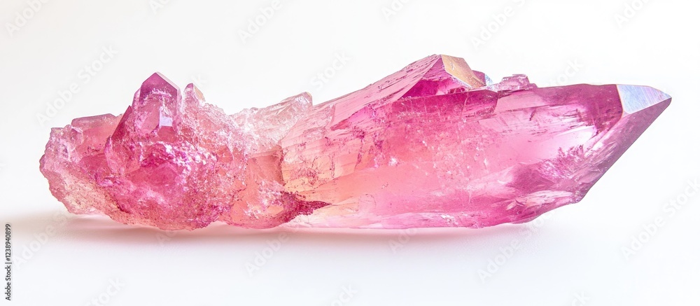 Poster pink quartz crystal specimen with facets and a clear base displaying natural rough edges on a white 