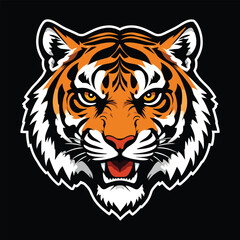 Powerful Tiger Head Logo Design on Black Background/A bold, stylized illustration of a tiger's head against a pure black backdrop.