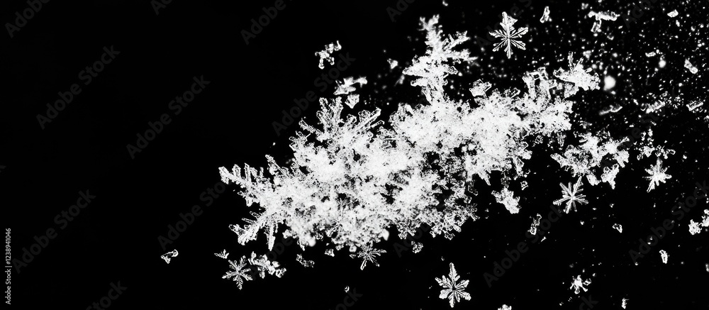 Poster macro shot of snowflakes on black background showcasing intricate frozen patterns and textures with 