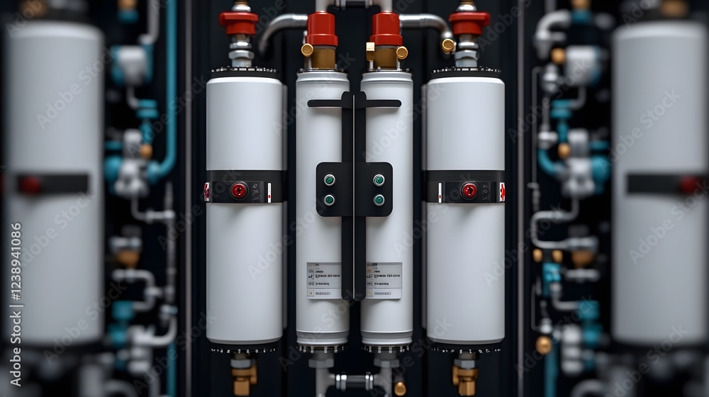 Poster close-up view of internal components in desalination machine showcasing and water flow systems
