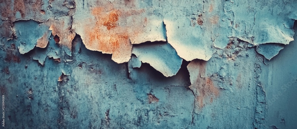 Poster peeling paint texture on a weathered surface with blue tones and rust spots showing copy space