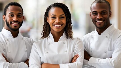 Smiling chefs in a bright kitchen showcasing teamwork and professionalism during culinary preparation