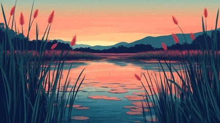 Serene Sunset Over Calm Lake with Reeds