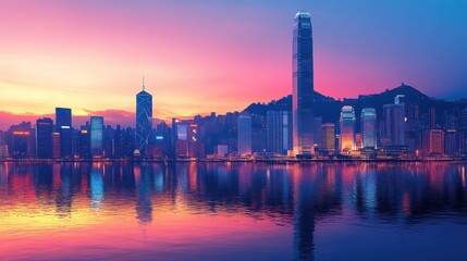 Hong Kong Skyline at Sunrise Reflecting in Calm Waters