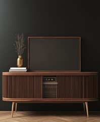Mid-century modern console with blank frame, vase, and retro stereo.