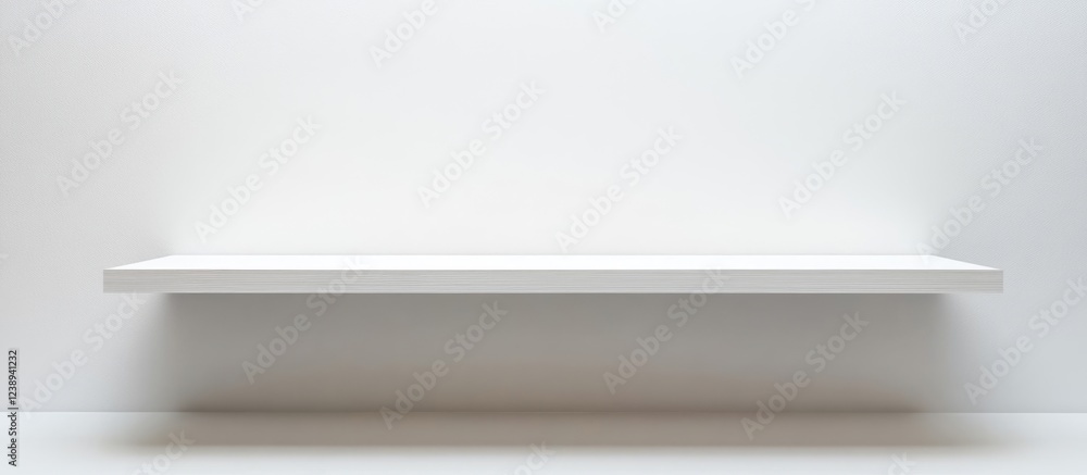 Poster minimalist white shelf against a blank wall showcasing clean lines and simplicity with ample copy sp