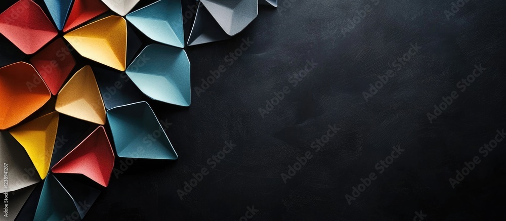Poster colorful geometric paper shapes arranged on a dark textured background with ample copy space for tex