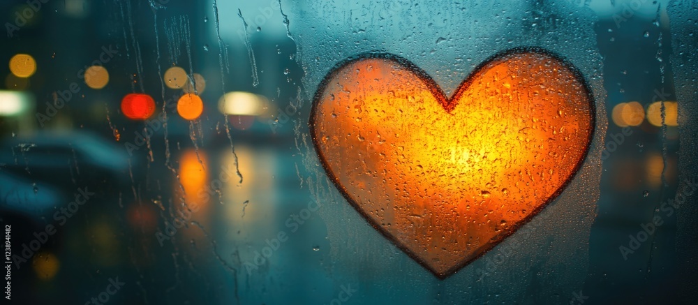 Poster heart shape illuminated through raindrop-covered window with blurred city lights in the background a
