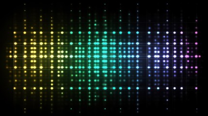 Abstract colorful grid of glowing dots on black background.