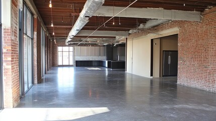 Fototapeta premium Raw industrial loft space with brick walls and concrete floors, awaiting transformation.