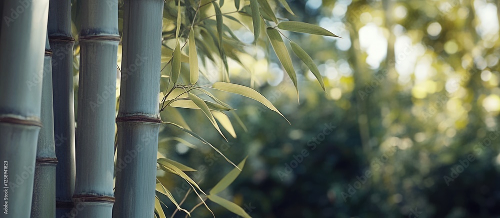 Poster bamboo stalks and leaves in a natural setting with soft blurred background and ample copy space for 