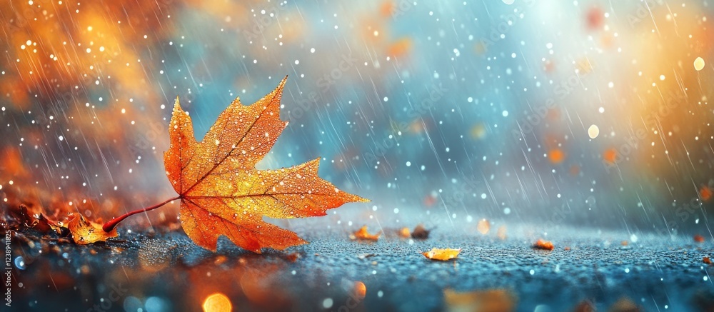 Poster autumn leaf with raindrops on wet ground during a colorful fall season with blurred background and c