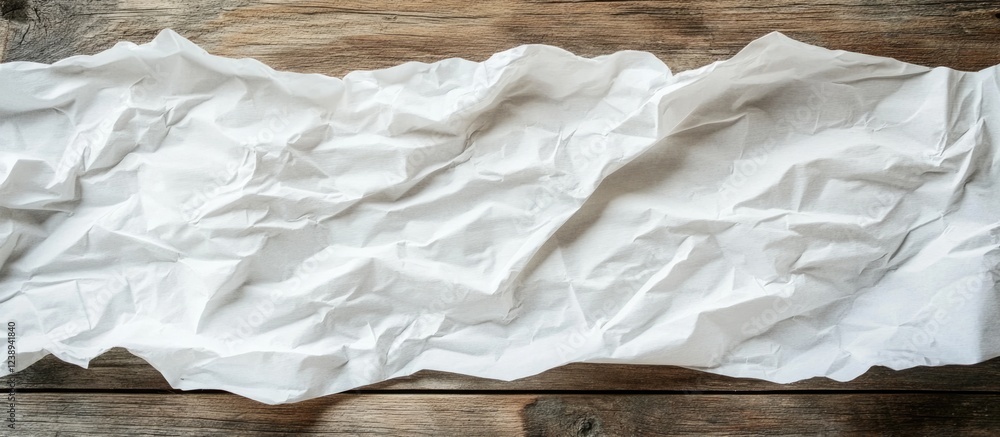 Poster crumpled white paper sheet on rustic wooden background with textures and patterns ideal for mockups 
