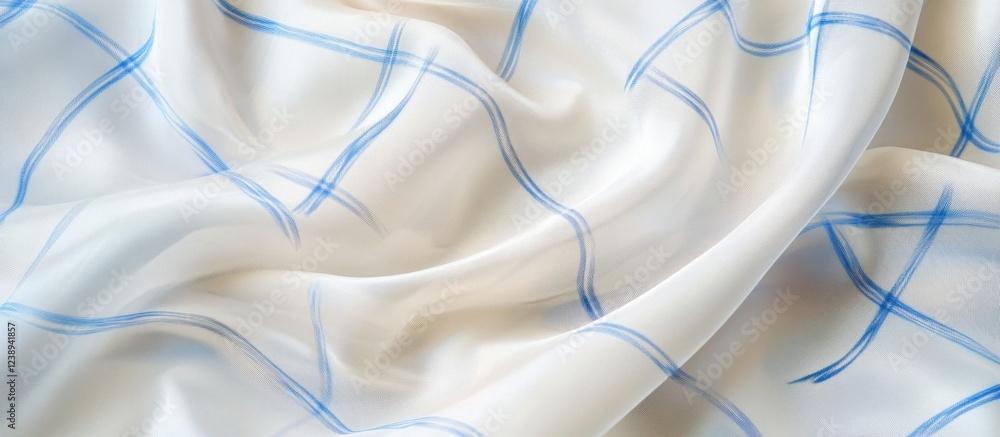 Poster white fabric with blue abstract lines and patterns draped elegantly showing texture and smoothness c