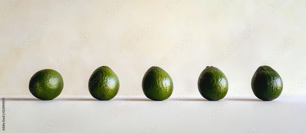 Poster five ripe avocados arranged in a row against a soft neutral background with copy space for text.