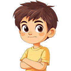 Obraz premium A cartoon boy with brown hair and a yellow shirt isolated on transparency PNG background, arms crossed, and a determined expression, Suitable for children's books, educational materials