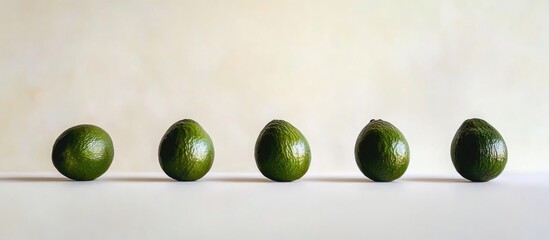 Five ripe avocados arranged in a row against a soft neutral background with copy space for text.