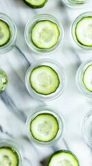 Refreshing cucumber eye pads placed on a marble surface with chilled glass jars.