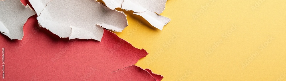 Poster a striking design features torn-paper edges in vivid red and yellow shades, creating a dynamic layer