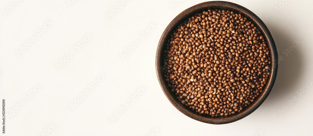 Poster bowl of mustard seeds on a light background with ample copy space for text inclusion