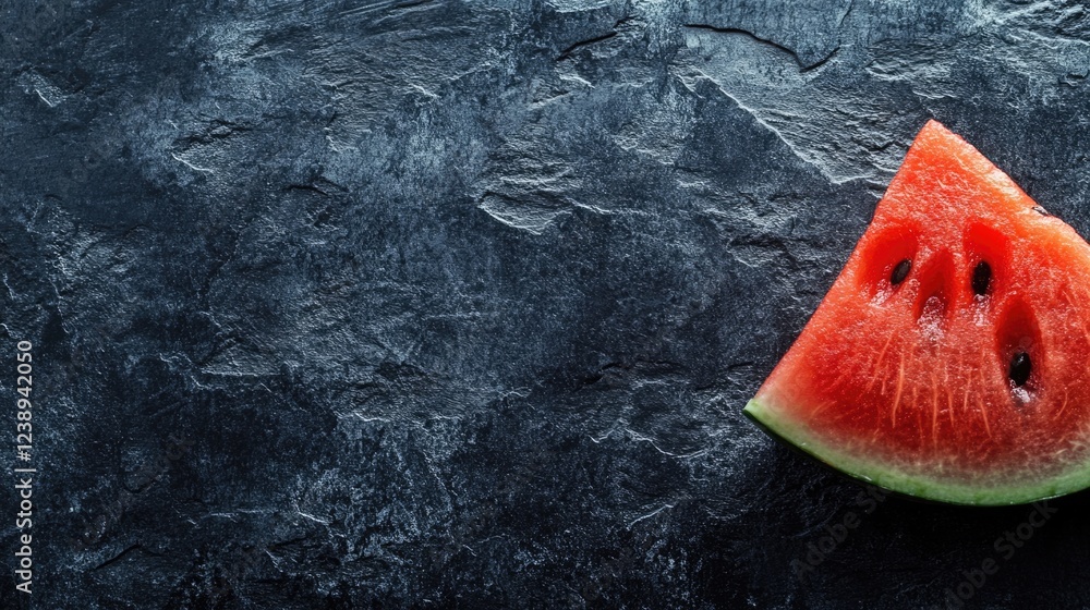 Poster fresh watermelon slice on dark stone background with ample copy space for text or design elements
