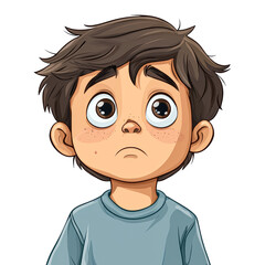 Obraz premium A detailed illustration of a sad cartoon boy with brown hair and large eyes; useful for emotional storytelling isolated on transparency PNG background, children's books, or educational materials,