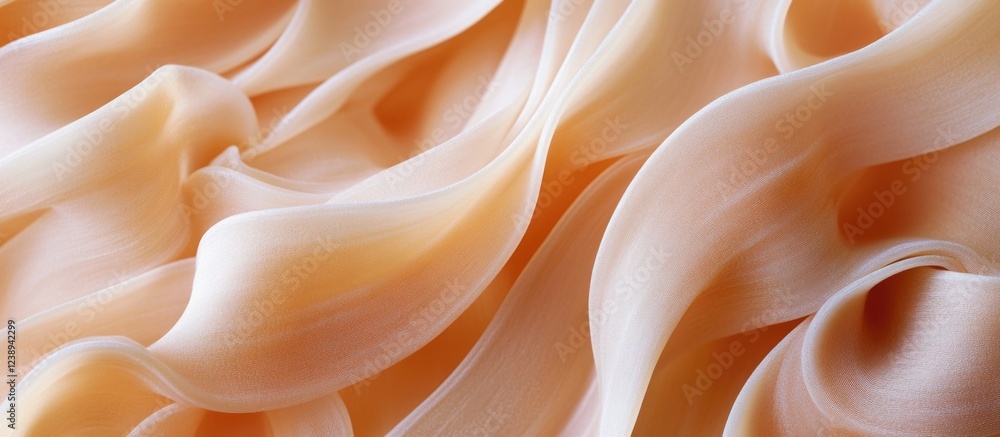 Poster silky peach fabric texture close-up with soft flowing waves and folds suitable for background or des