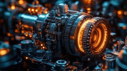 Futuristic metallic lens with glowing orange core.