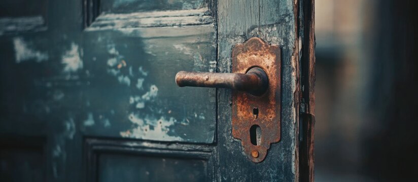 Close-up of an old wooden door with a rusty doorknob and keyhole on a weathered surface with peeling paint and textured details. Copy Space